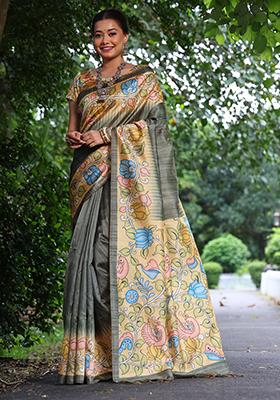 Mehandi Solid Tussar Silk Saree Set