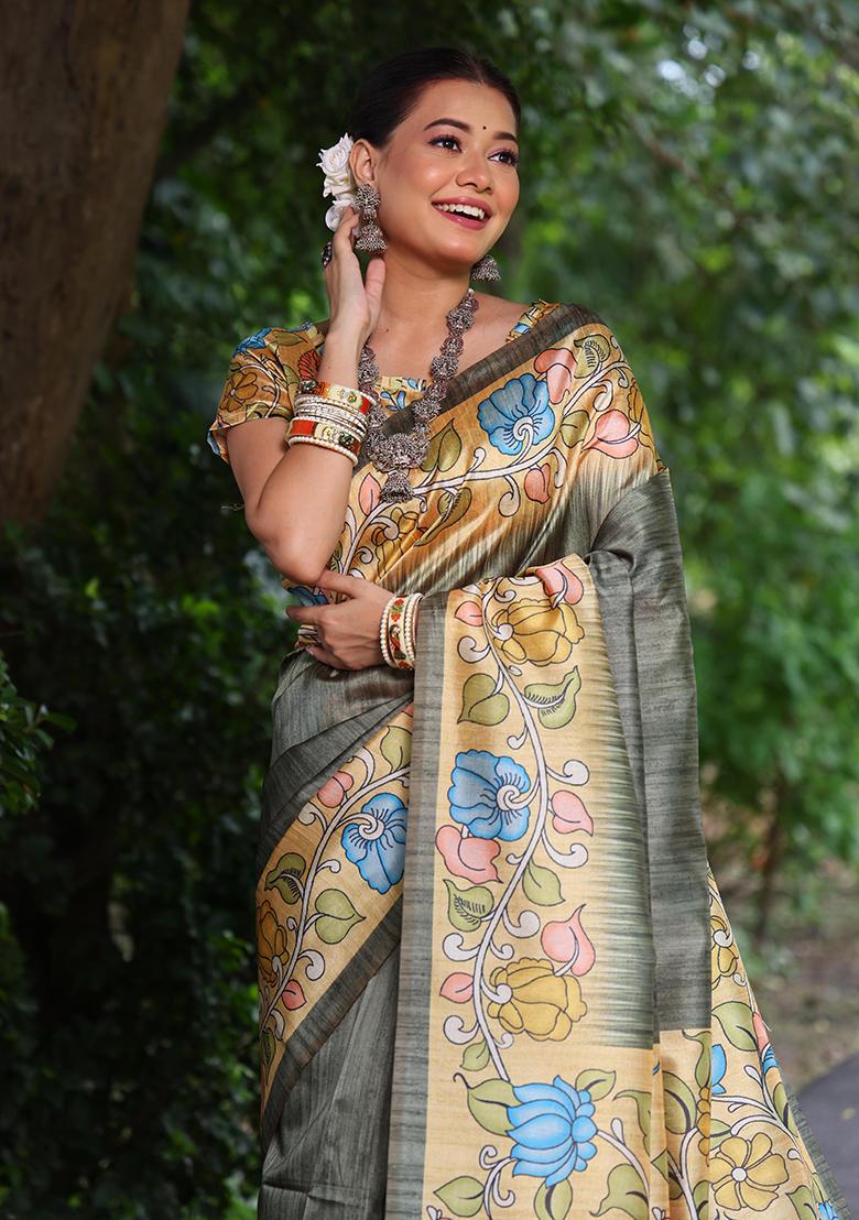 Mehandi Solid Tussar Silk Saree Set