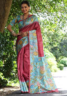 Red Solid Tussar Silk Saree Set