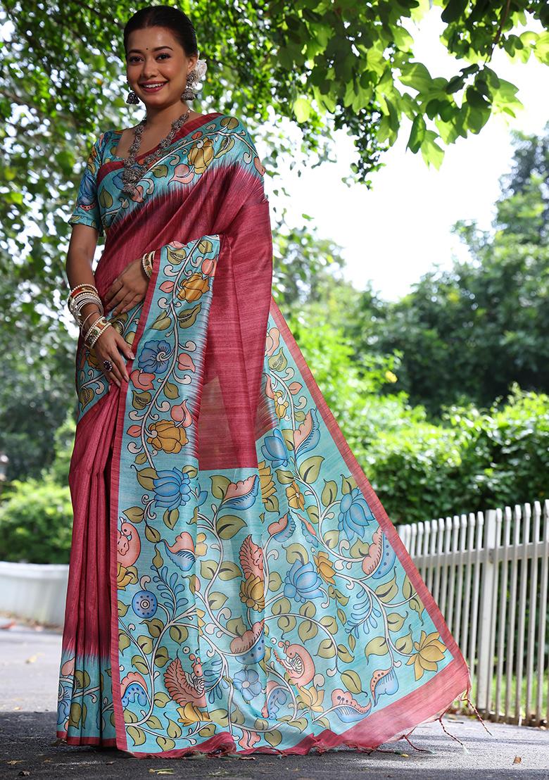 Red Solid Tussar Silk Saree Set