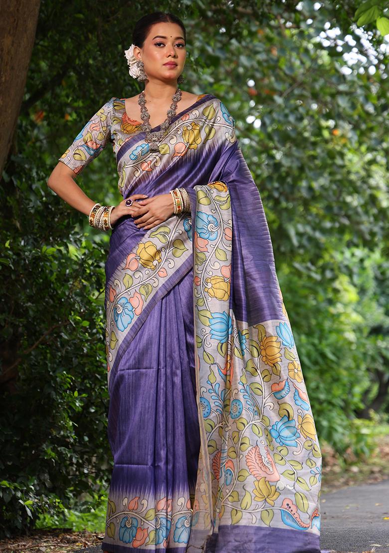 Purple Solid Tussar Silk Saree Set