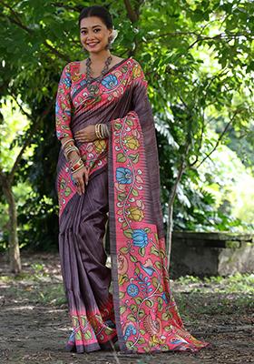 Brown Solid Tussar Silk Saree Set