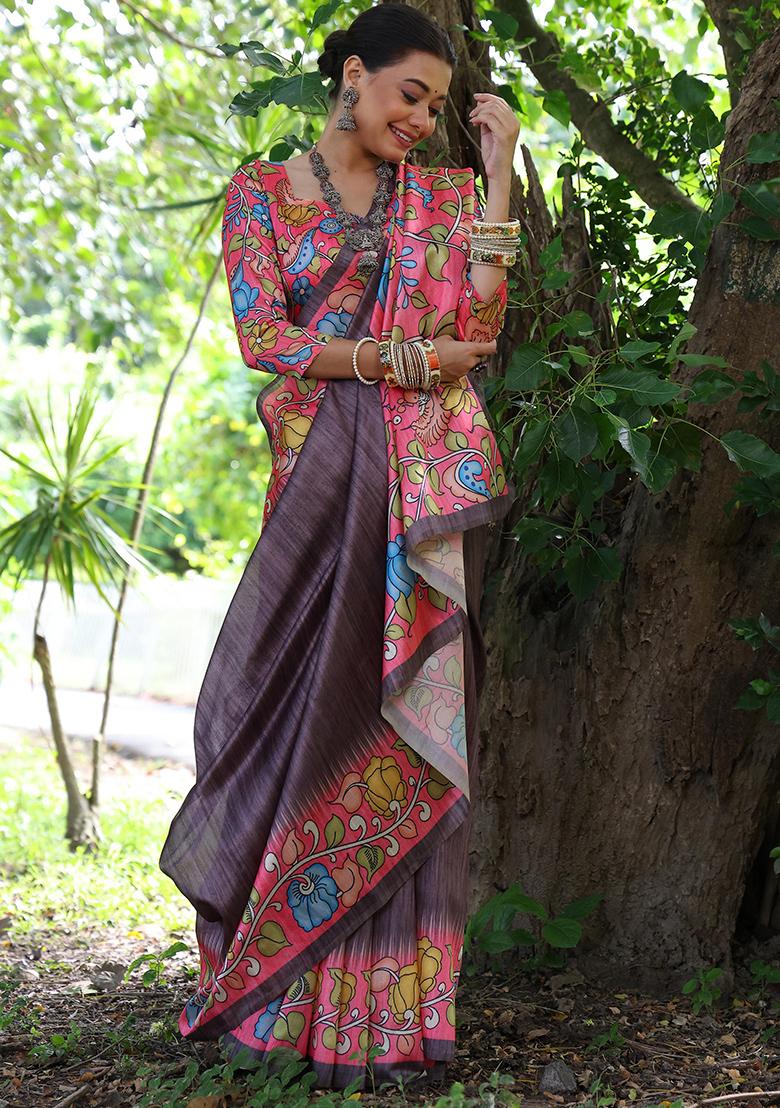 Brown Solid Tussar Silk Saree Set