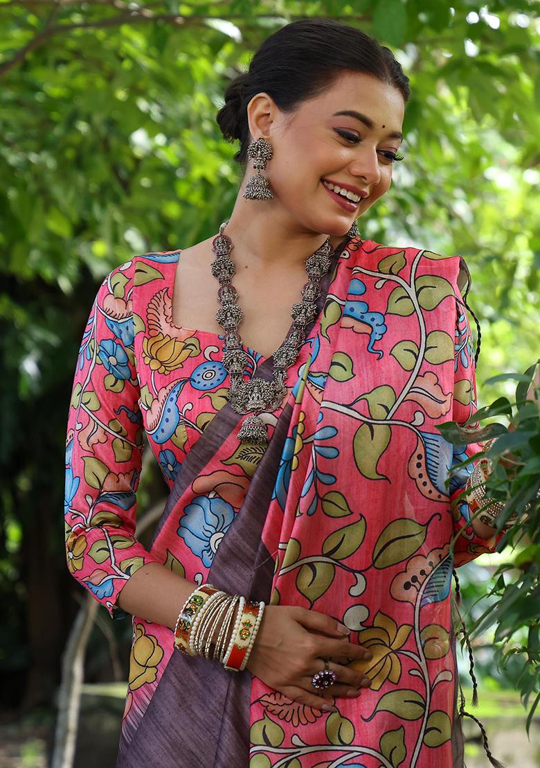 Brown Solid Tussar Silk Saree Set