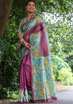 Magenta Solid Tussar Silk Saree Set