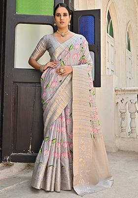 Grey Solid Cotton Saree Set