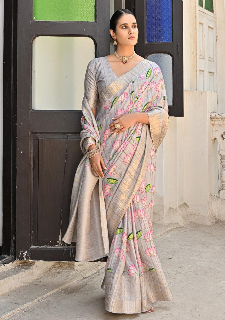 Grey Solid Cotton Saree Set
