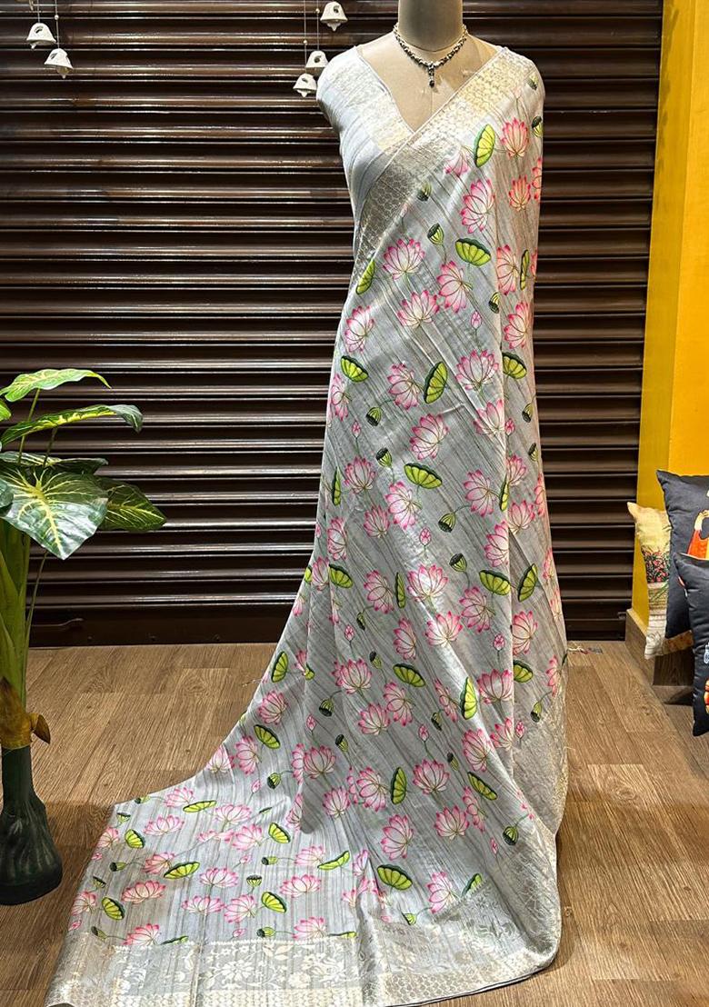 Grey Solid Cotton Saree Set