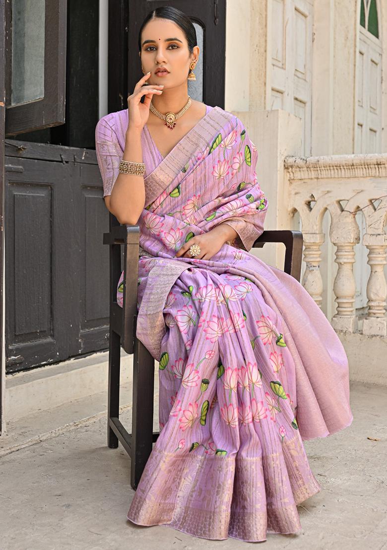 Purple Solid Cotton Saree Set