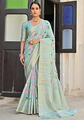 Sea Green Solid Cotton Saree Set