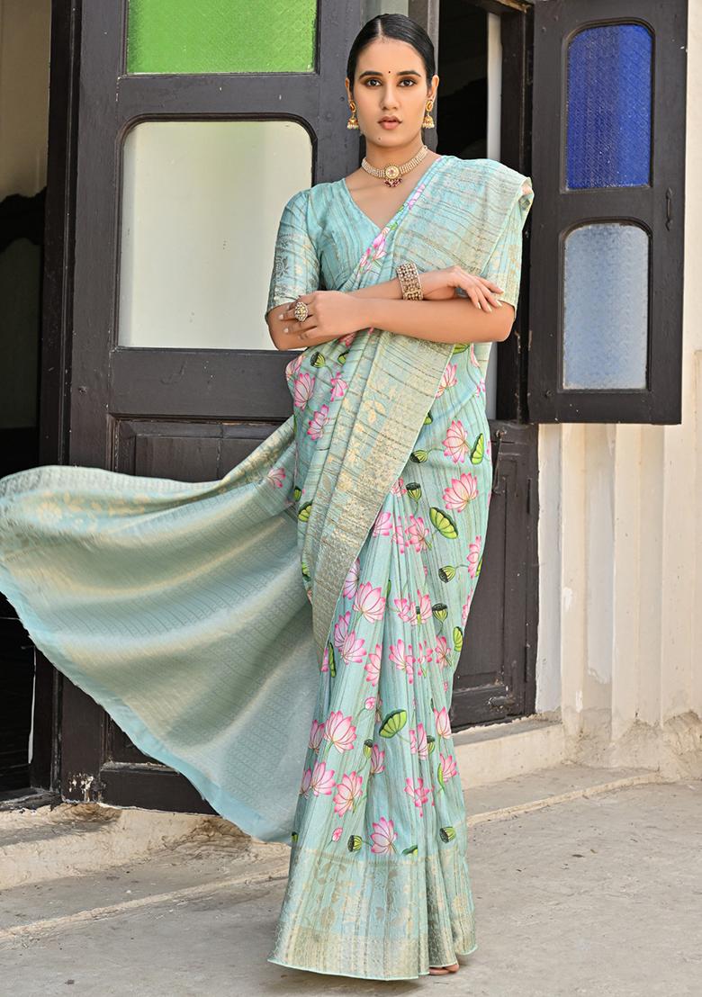 Sea Green Solid Cotton Saree Set