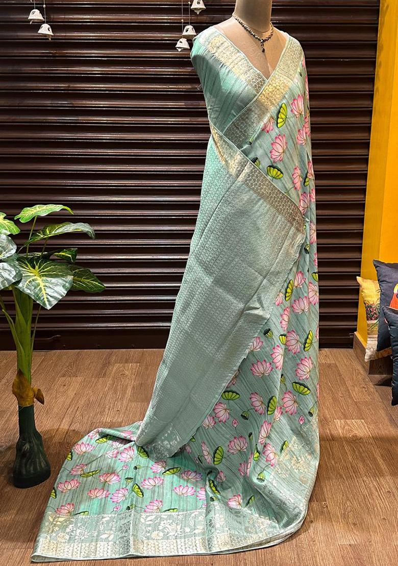 Sea Green Solid Cotton Saree Set