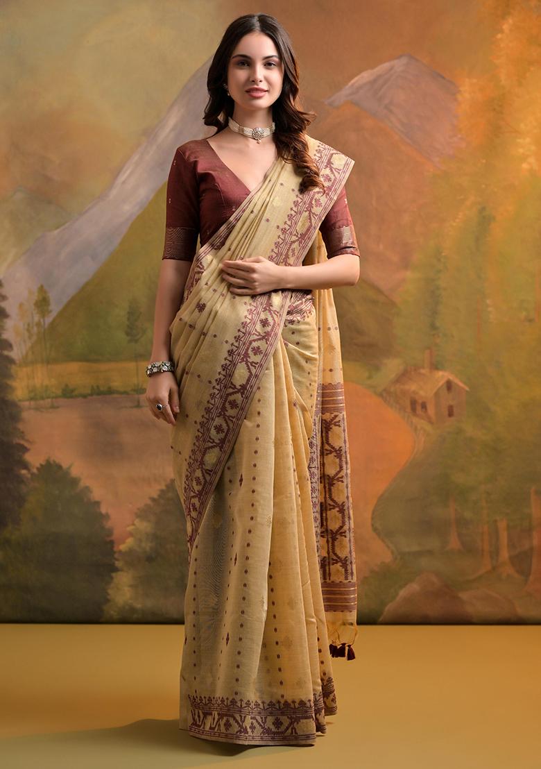 Cream Solid Cotton Saree Set