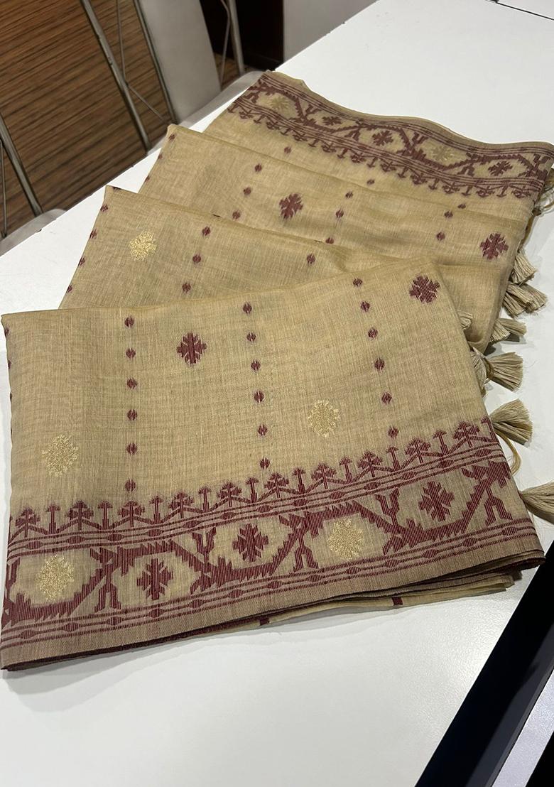 Cream Solid Cotton Saree Set