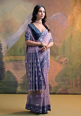 Lavender Solid Cotton Saree Set