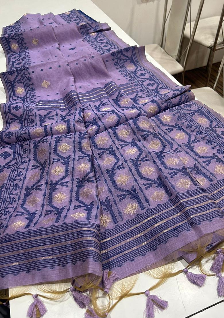 Lavender Solid Cotton Saree Set