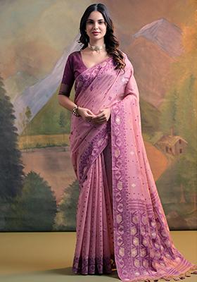 Pink Solid Cotton Saree Set