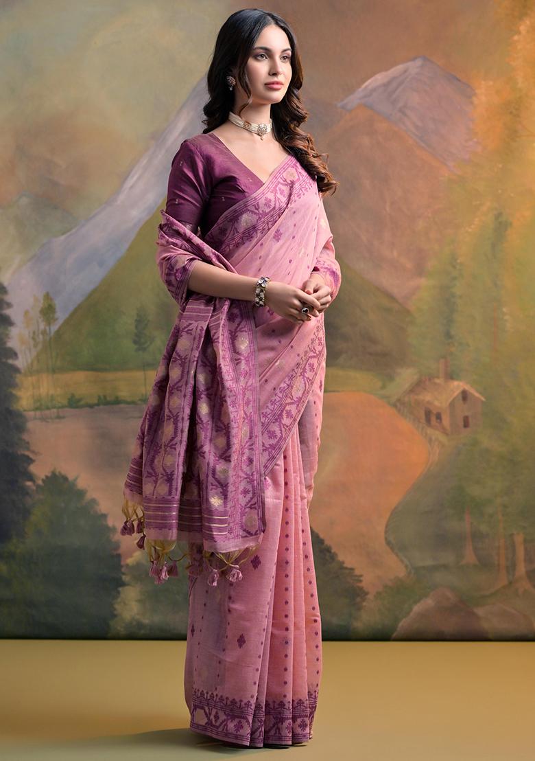 Pink Solid Cotton Saree Set