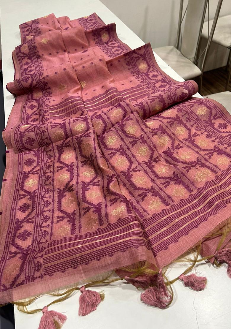 Pink Solid Cotton Saree Set