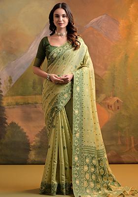 Pista Green Solid Cotton Saree Set