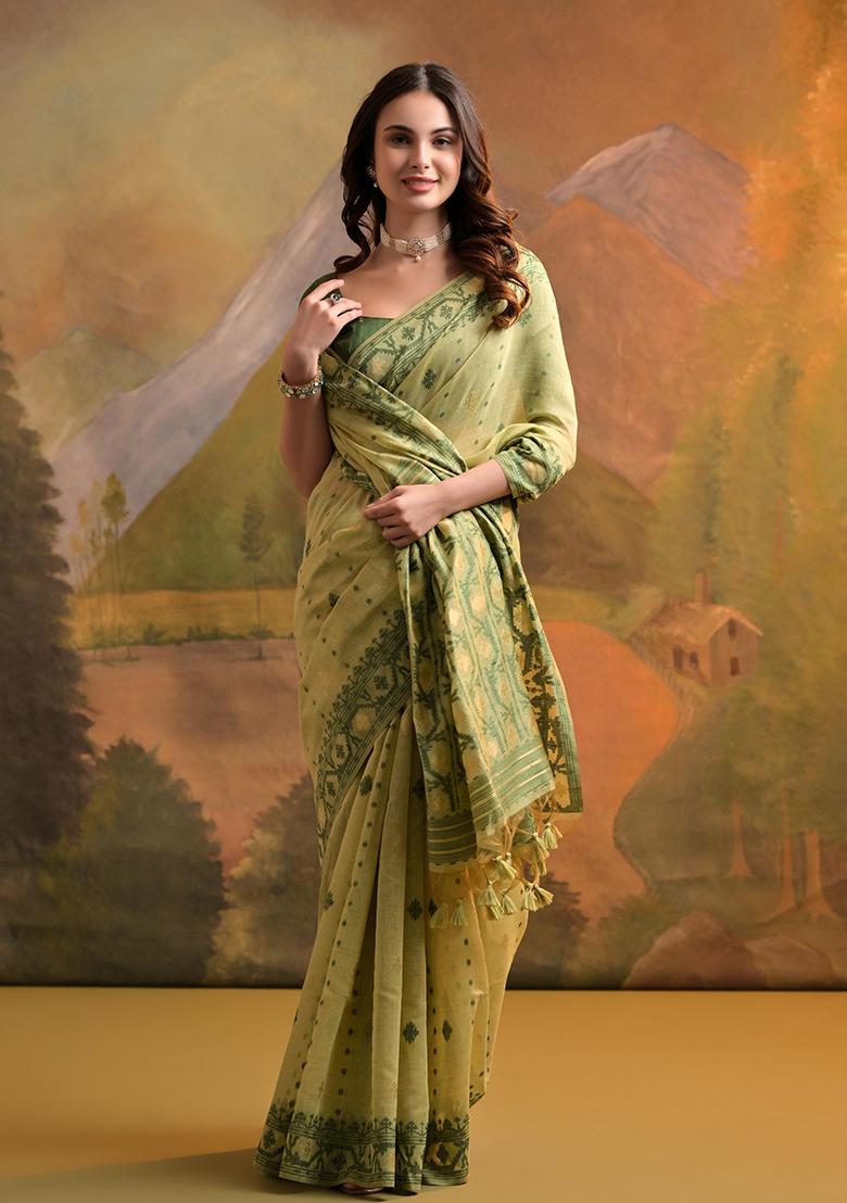 Pista Green Solid Cotton Saree Set