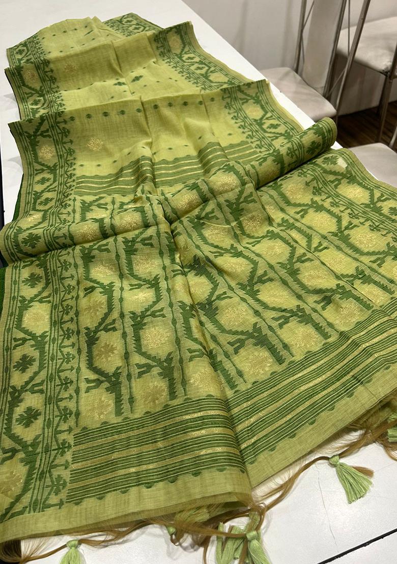 Pista Green Solid Cotton Saree Set