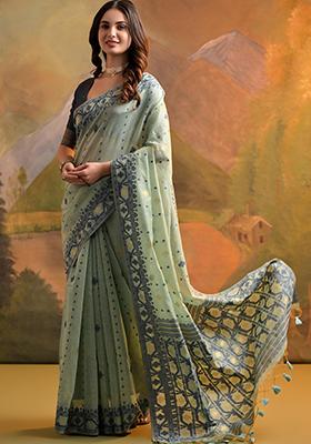 Sea Green Solid Cotton Saree Set