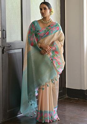 Firozi Solid Silk Saree Set