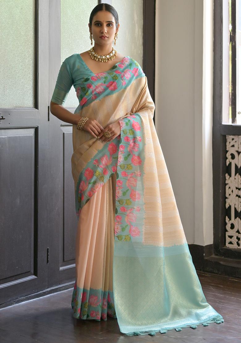 Firozi Solid Silk Saree Set