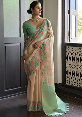 Green Solid Silk Saree Set