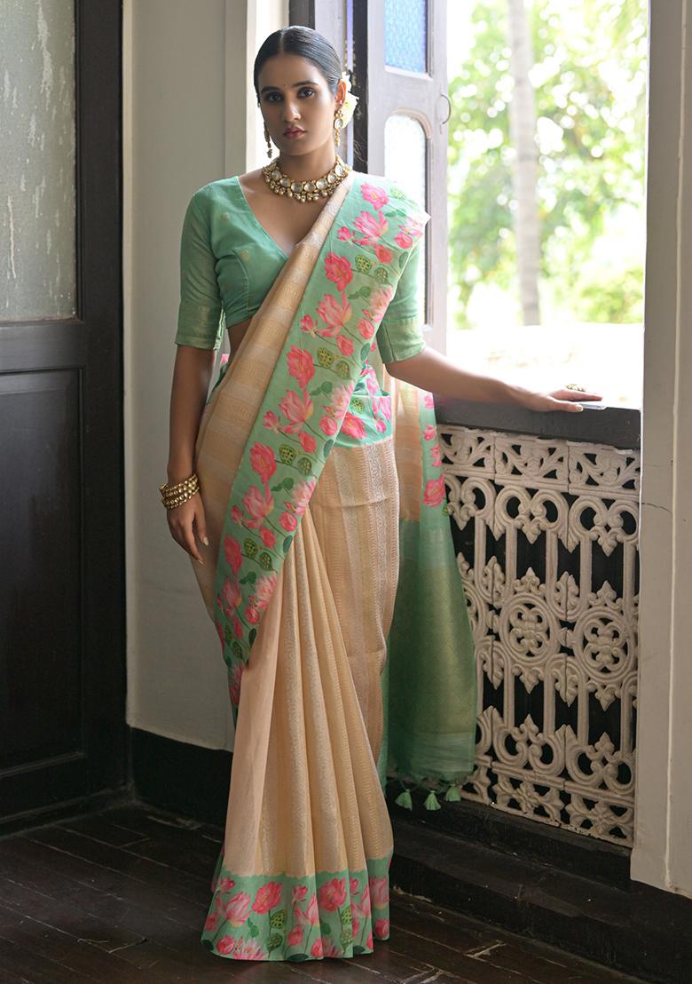 Green Solid Silk Saree Set
