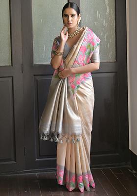 Grey Solid Silk Saree Set