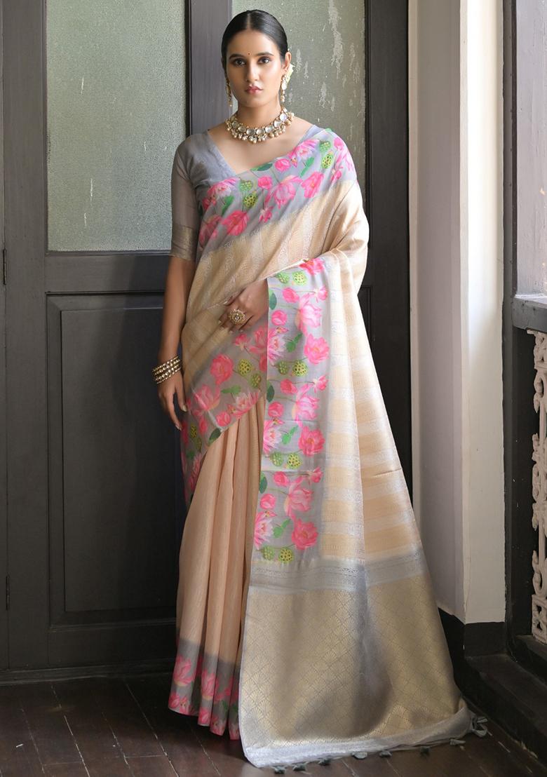 Grey Solid Silk Saree Set