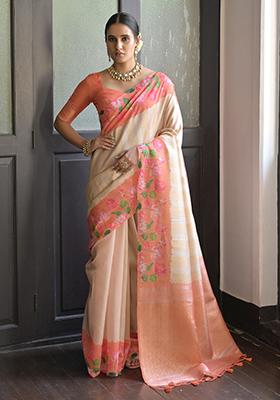 Orange Solid Silk Saree Set
