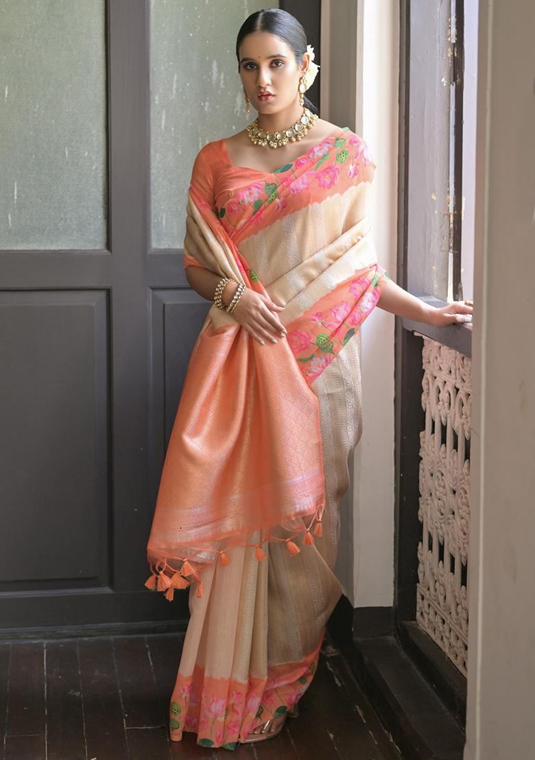 Orange Solid Silk Saree Set