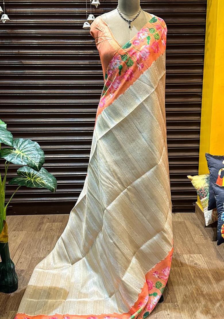 Orange Solid Silk Saree Set