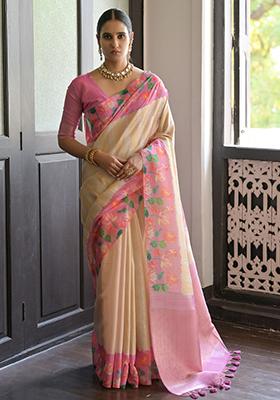Pink Solid Silk Saree Set