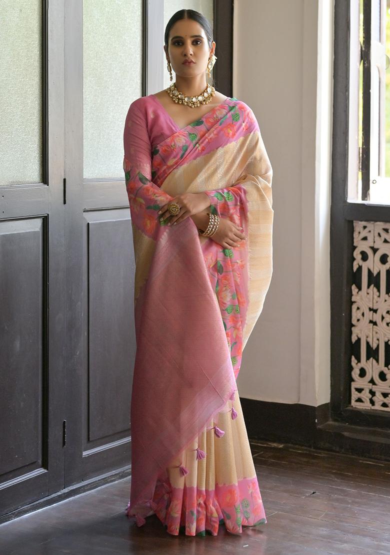 Pink Solid Silk Saree Set