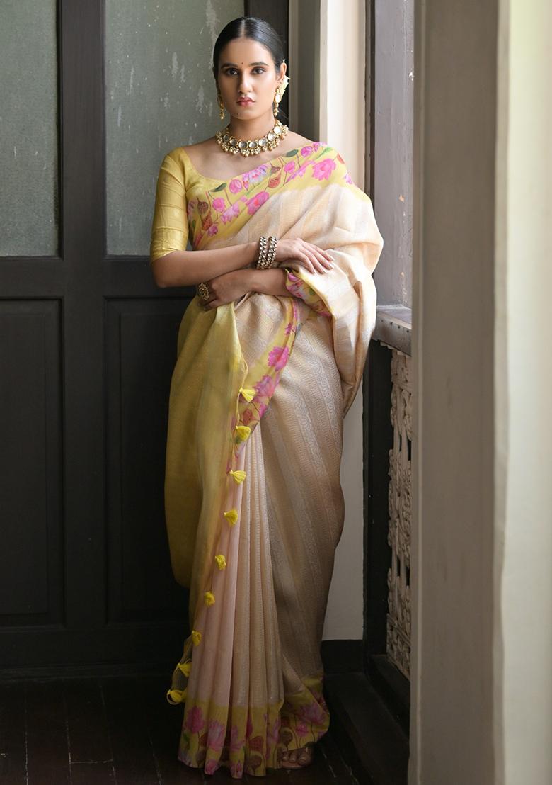 Yellow Solid Silk Saree Set