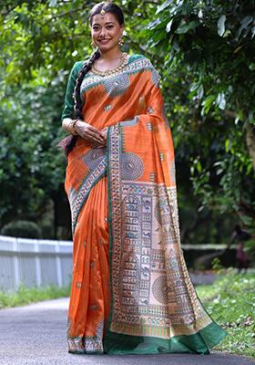 Orange Solid Tussar Silk Saree Set