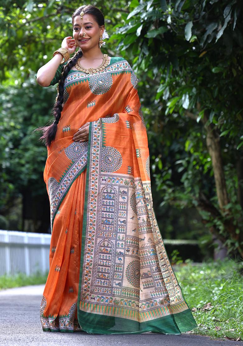 Orange Solid Tussar Silk Saree Set
