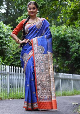 Blue Solid Tussar Silk Saree Set