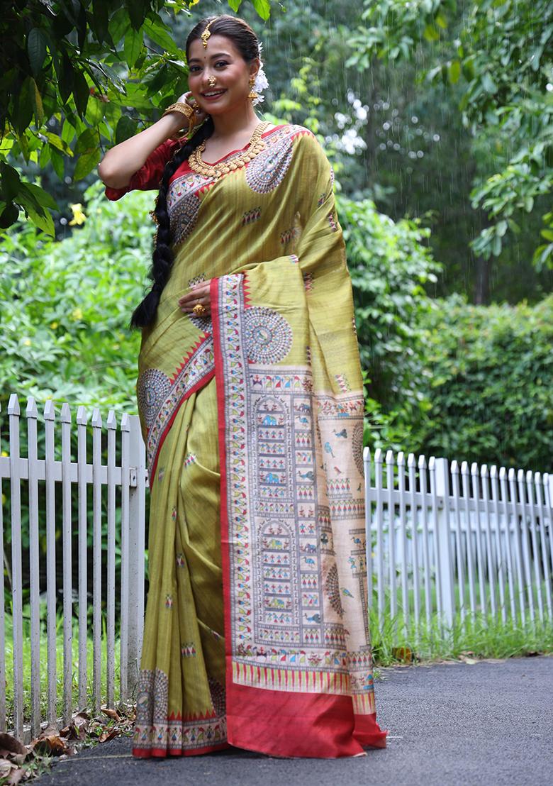 Yellow Solid Tussar Silk Saree Set