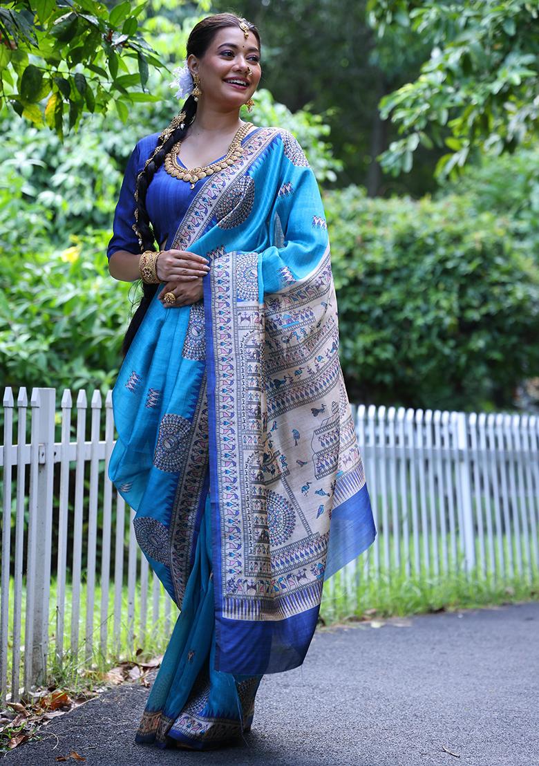 Sky Blue Solid Tussar Silk Saree Set