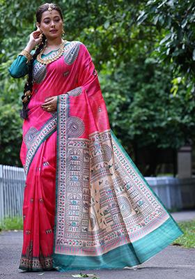 Pink Solid Tussar Silk Saree Set