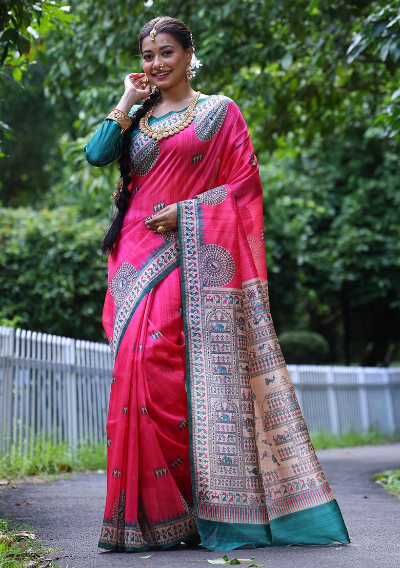 Pink Solid Tussar Silk Saree Set