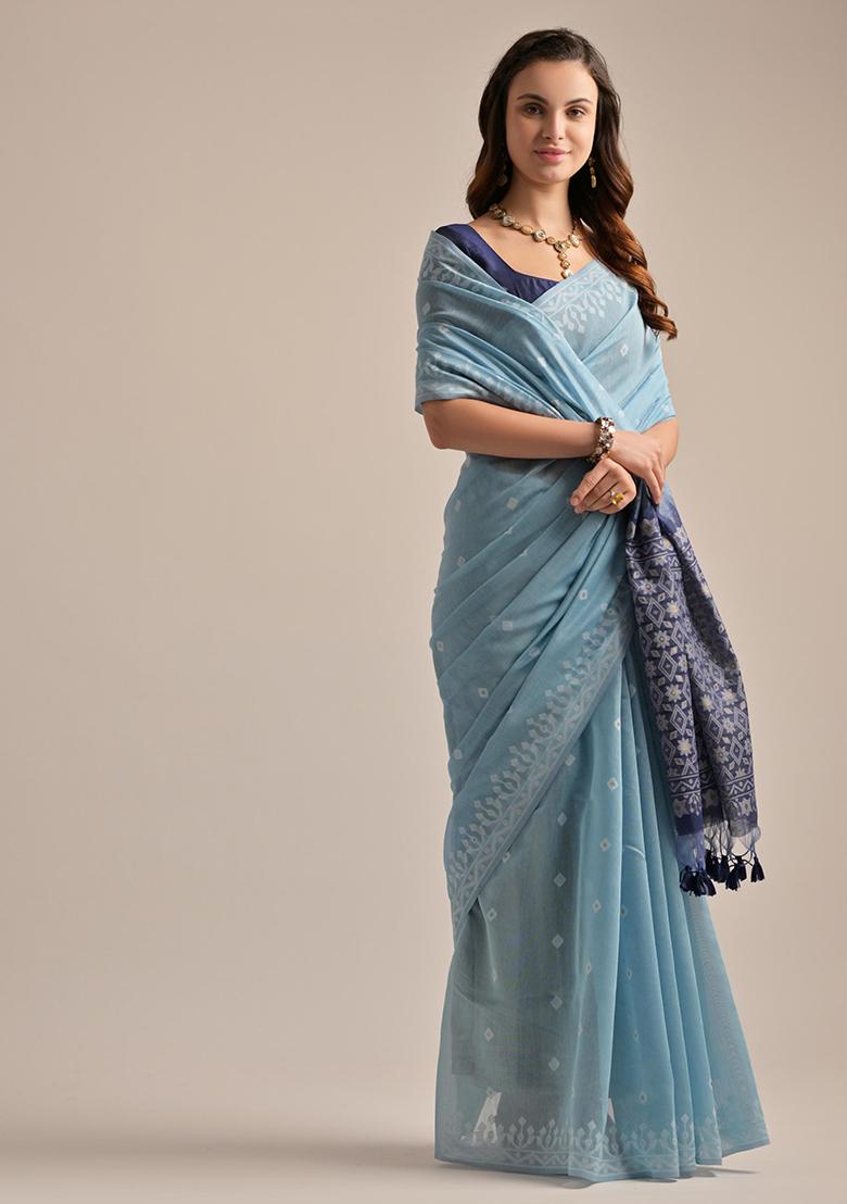 Firozi Solid Cotton Saree Set