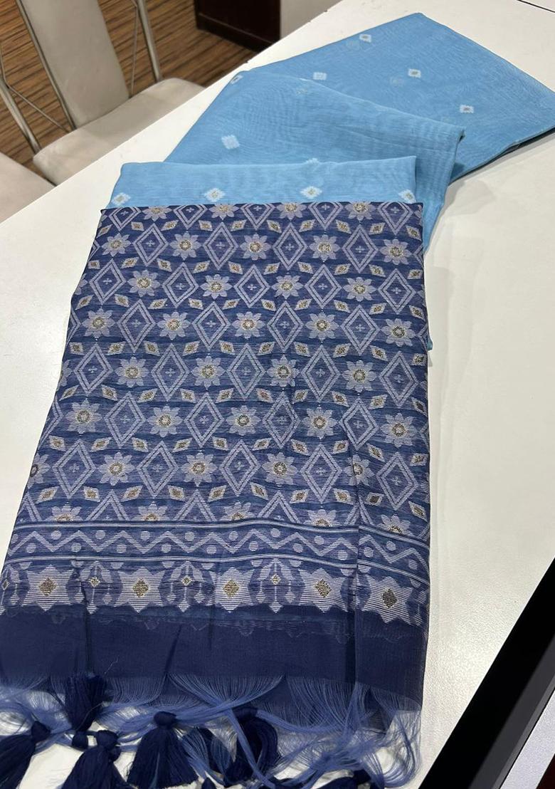 Firozi Solid Cotton Saree Set