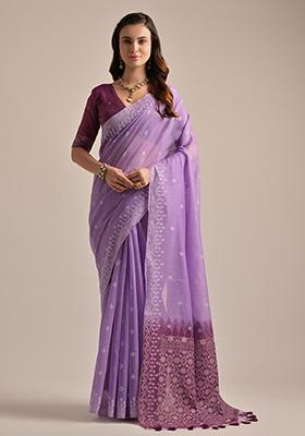 Lavender Solid Cotton Saree Set