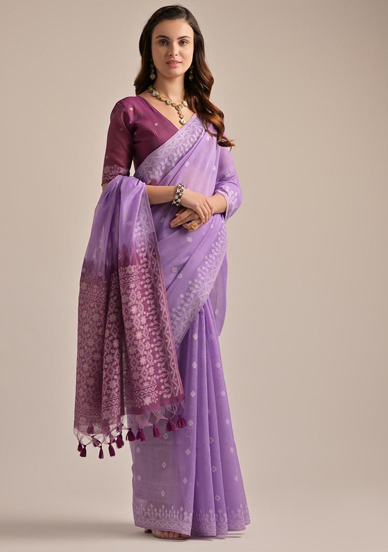 Lavender Solid Cotton Saree Set